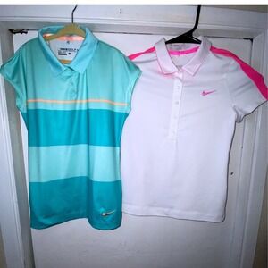 Nike Golf Girls Dri-FIT Polo Shirt Bundle 2pk White Pink Teal Striped Size Small